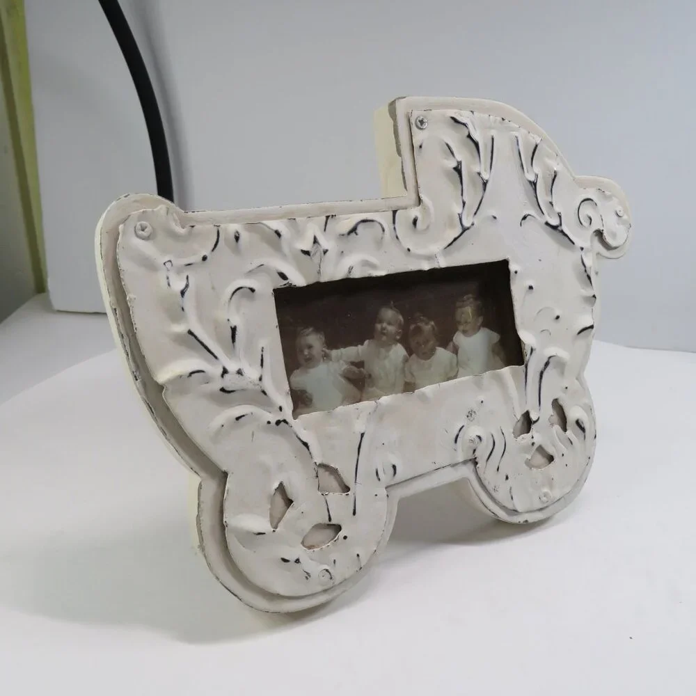 Vintage-Style Distressed Baby Carriage Photo Frame Metal Overlay